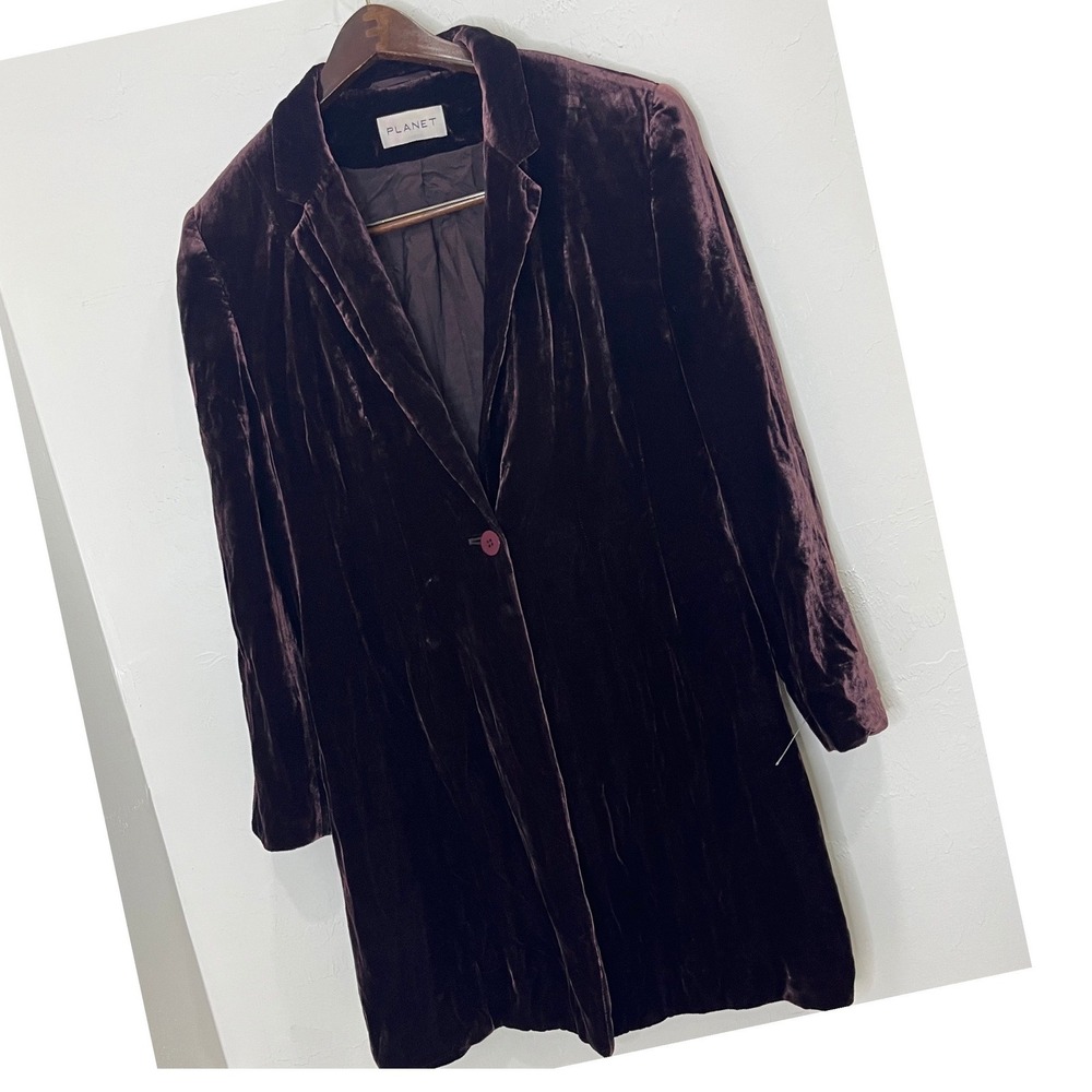 Vintage PLANET Aubergine Velvet Longline Blazer 12 • Viscose Silk 90s Minimalist